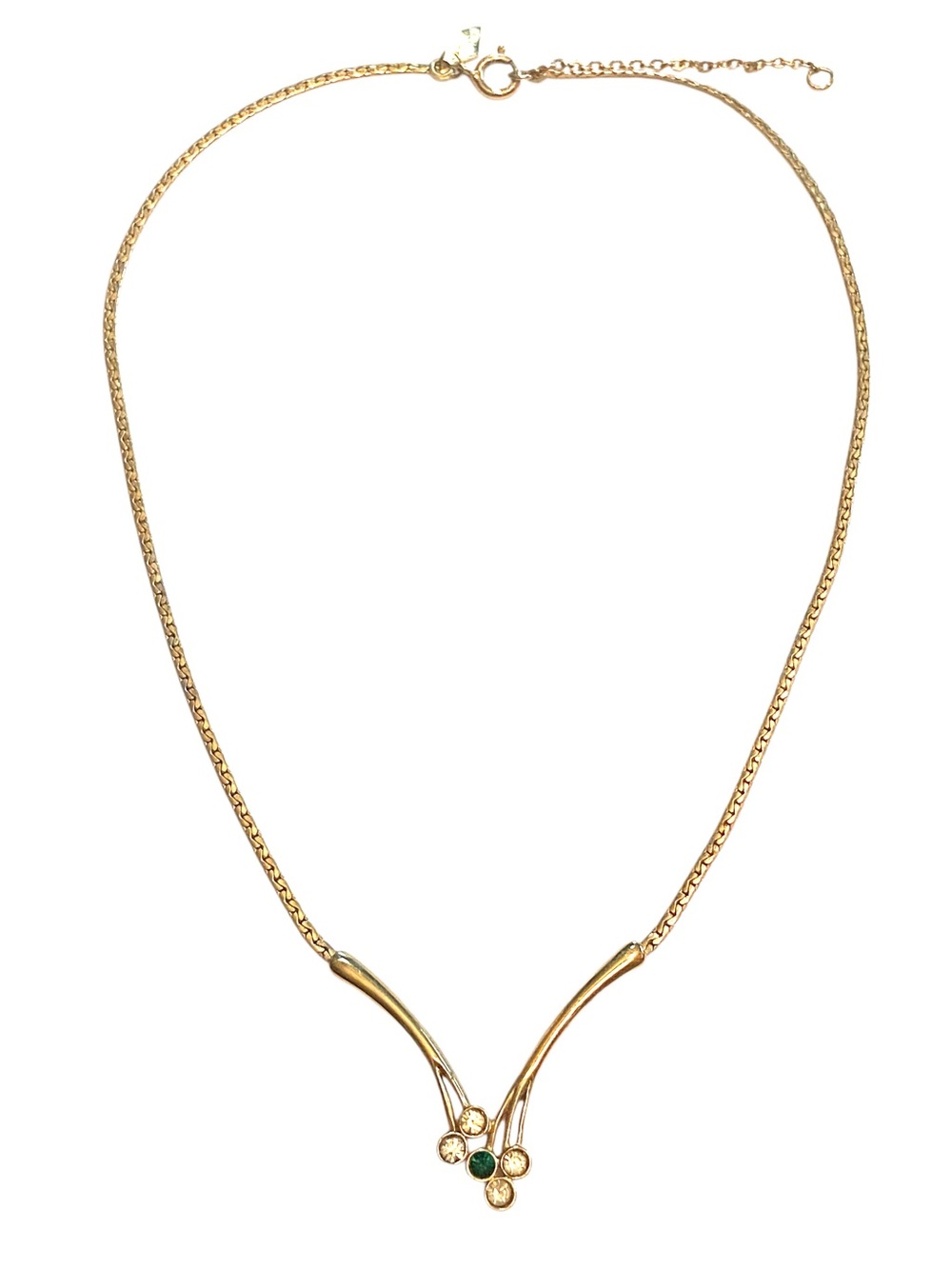 Sarah Coventry 1970s Vintage Necklace Gold Green Rhinestone